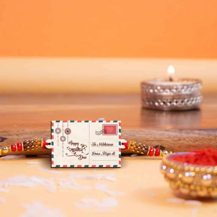 Personalized Handmade Postcard Theme Wooden Rakhi With Roli Chawal