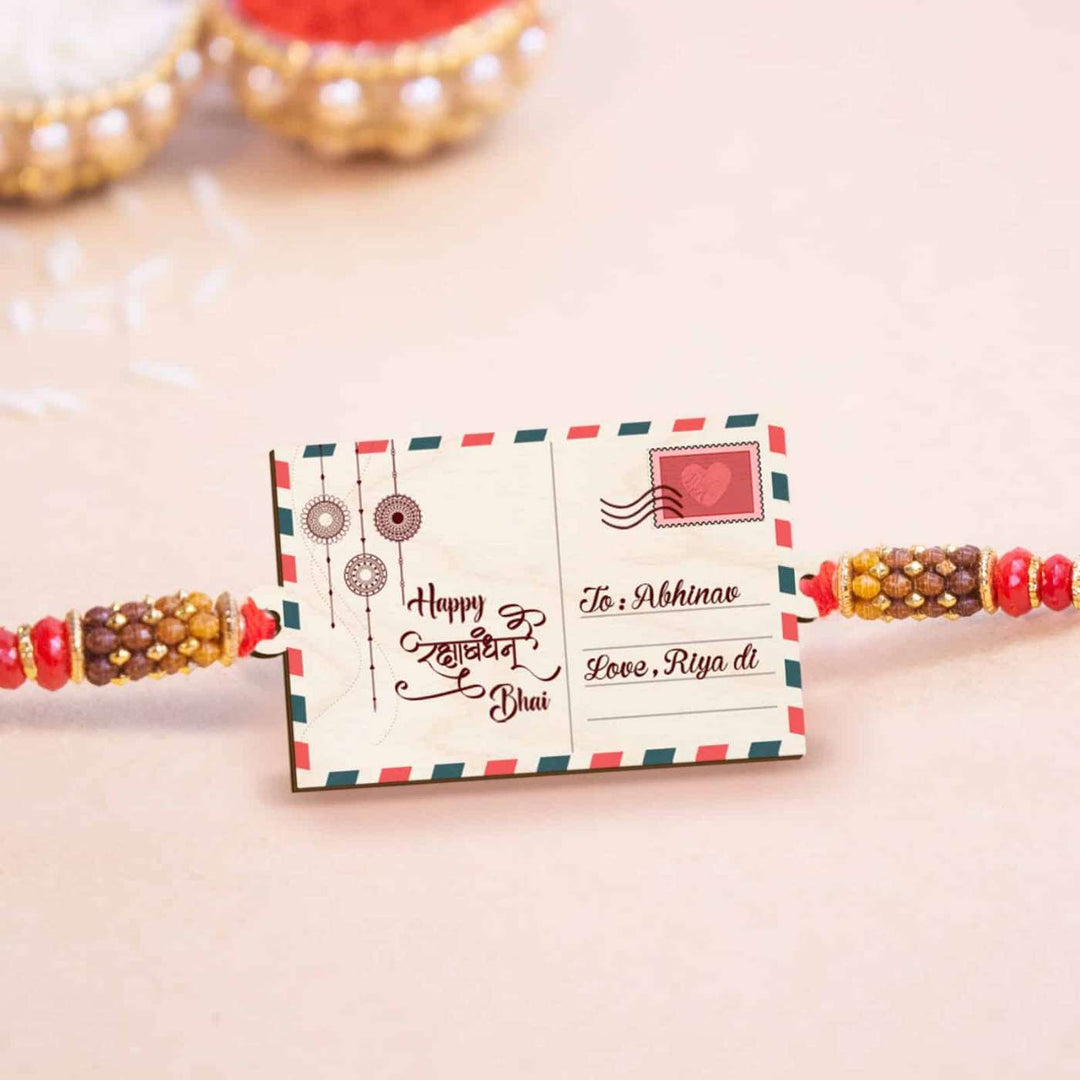 Personalized Handmade Postcard Theme Wooden Rakhi With Roli Chawal