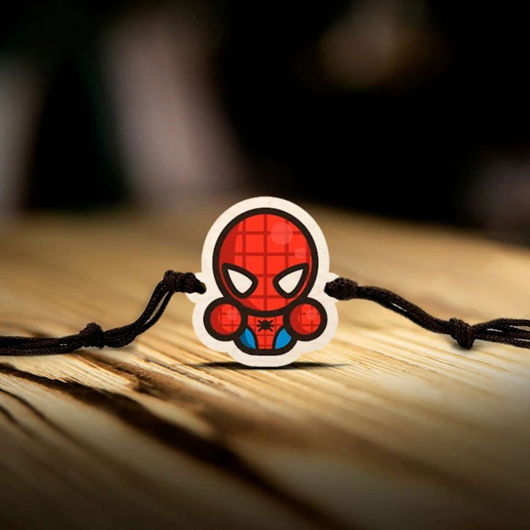 Handmade Spiderman Chibi Wooden Kids Rakhi With Roli Chawal