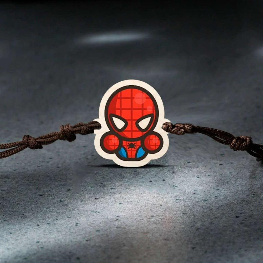 Handmade Spiderman Chibi Wooden Kids Rakhi With Roli Chawal