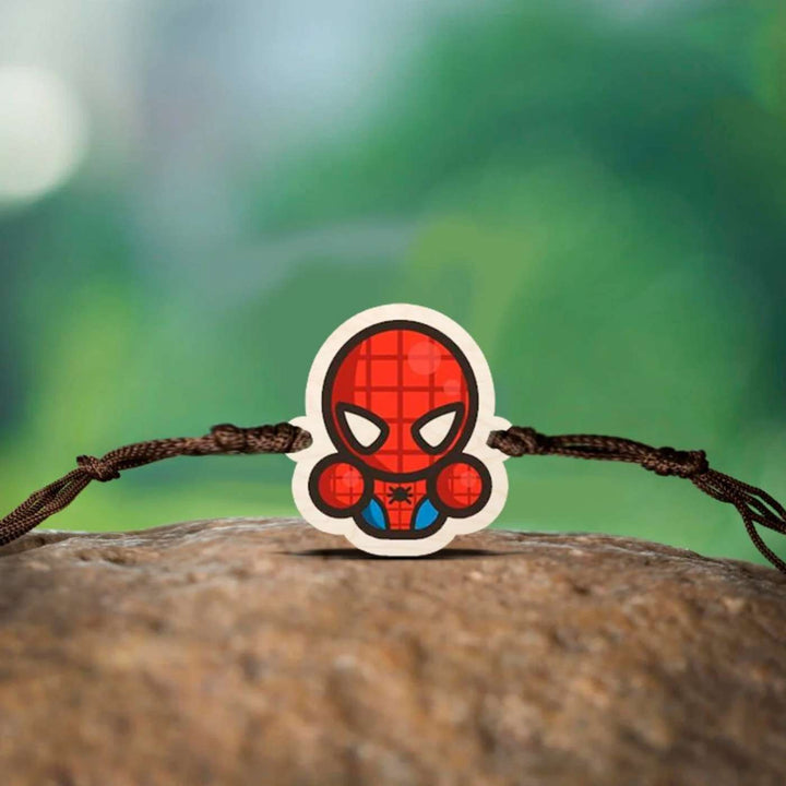 Handmade Spiderman Chibi Wooden Kids Rakhi With Roli Chawal