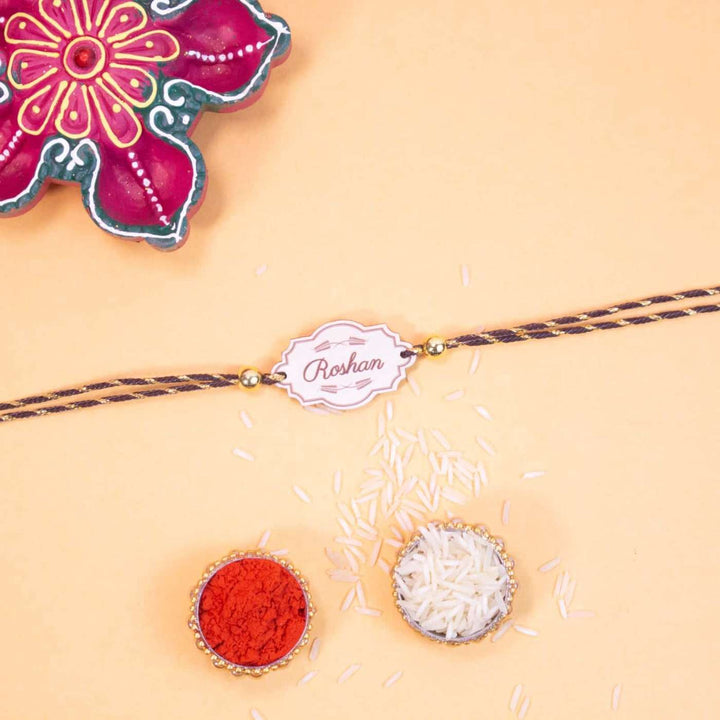 Personalized Handmade Vintage Wooden Rakhi With Roli Chawal