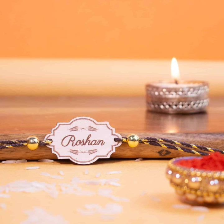 Personalized Handmade Vintage Wooden Rakhi With Roli Chawal