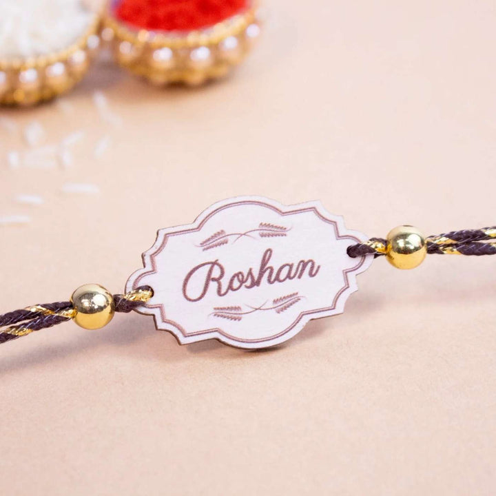 Personalized Handmade Vintage Wooden Rakhi With Roli Chawal