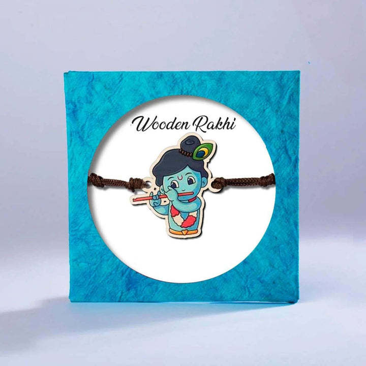 Handmade Little Krishna Wooden Kids Rakhi With Roli Chawal