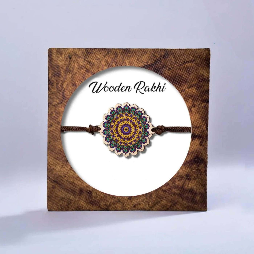 Handmade Mandala Wooden Rakhi With Roli Chawal