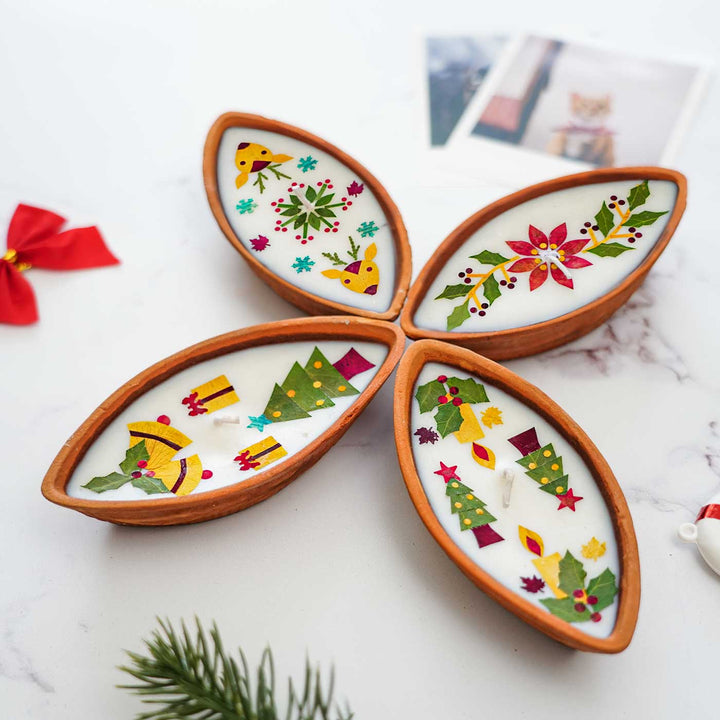 Handmade Boat Shaped Soy Wax & Pressed Flower Terracotta Candles For Christmas Decoration | Set Of 4