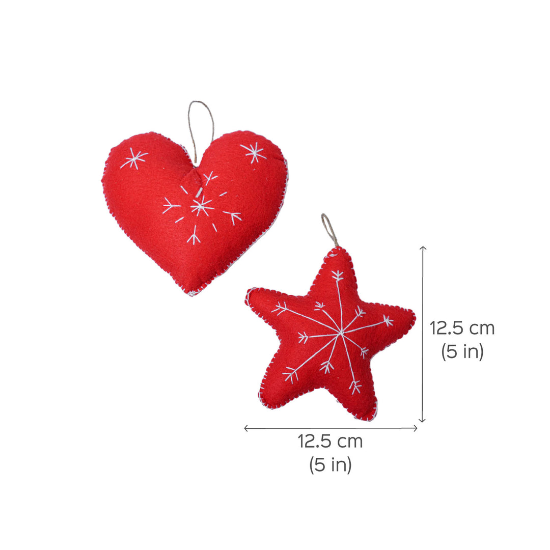 Embroidered Heart & Star Christmas Ornaments | Set of 4