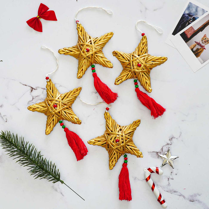 Handmade Golden Coiled Newspaper Star Ornaments For Christmas Tree Decoration | Set Of 4