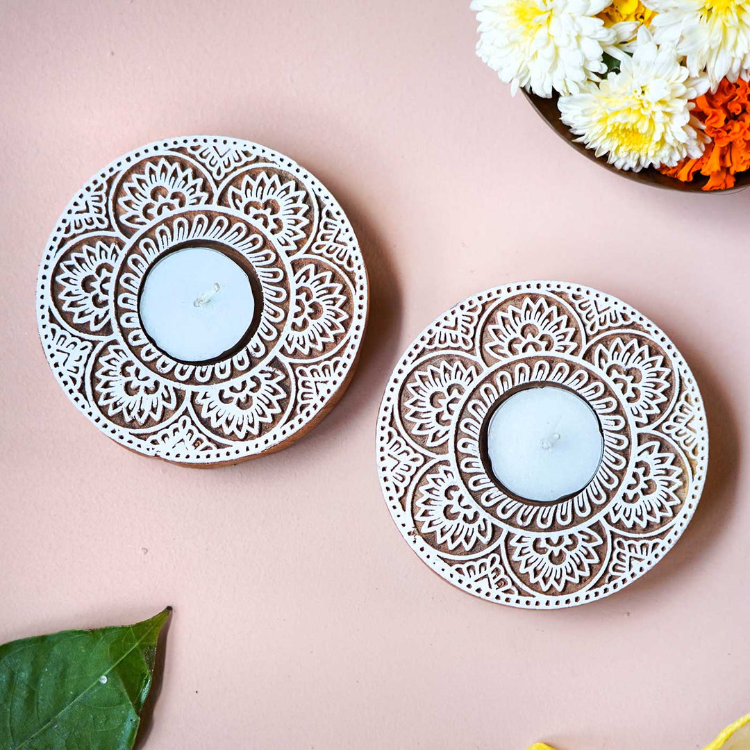 Handmade Carved Floral Circle Wooden Block Tealight Holder | Set Of 2