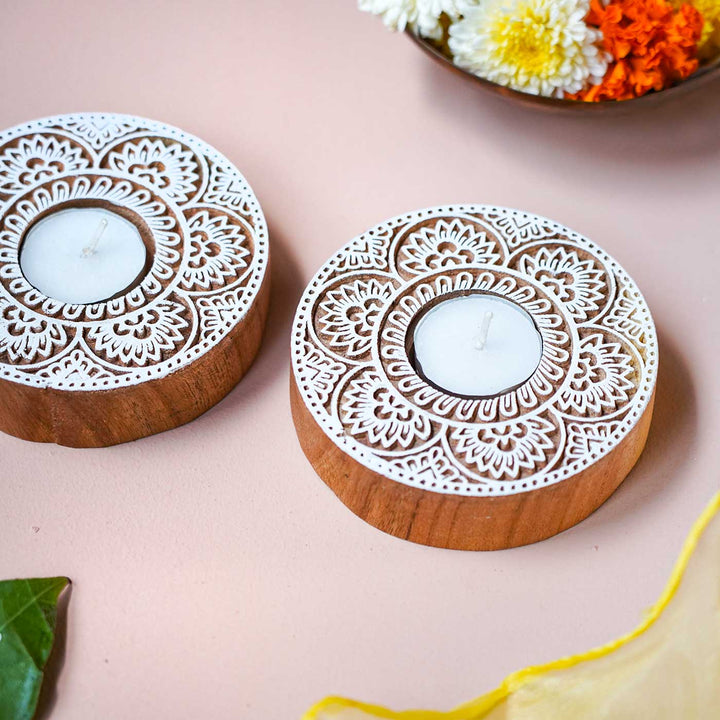 Handmade Carved Floral Circle Wooden Block Tealight Holder | Set Of 2