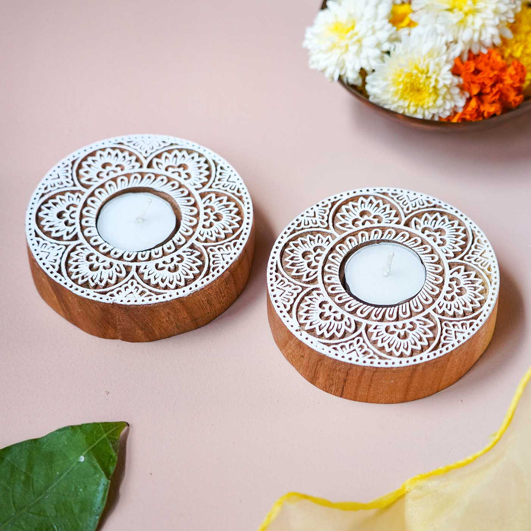 Handmade Carved Floral Circle Wooden Block Tealight Holder | Set Of 2