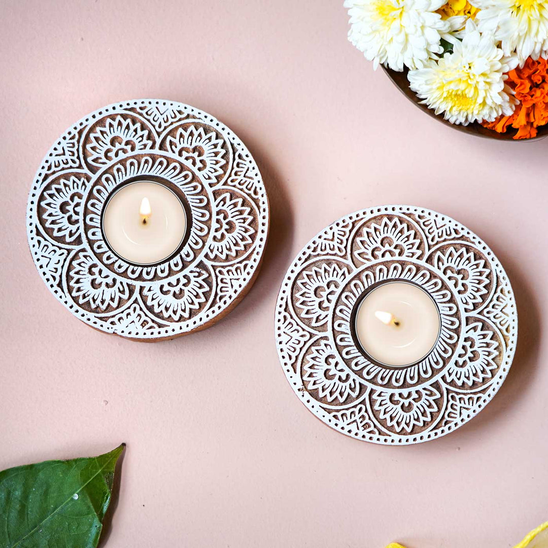 Handmade Carved Floral Circle Wooden Block Tealight Holder | Set Of 2