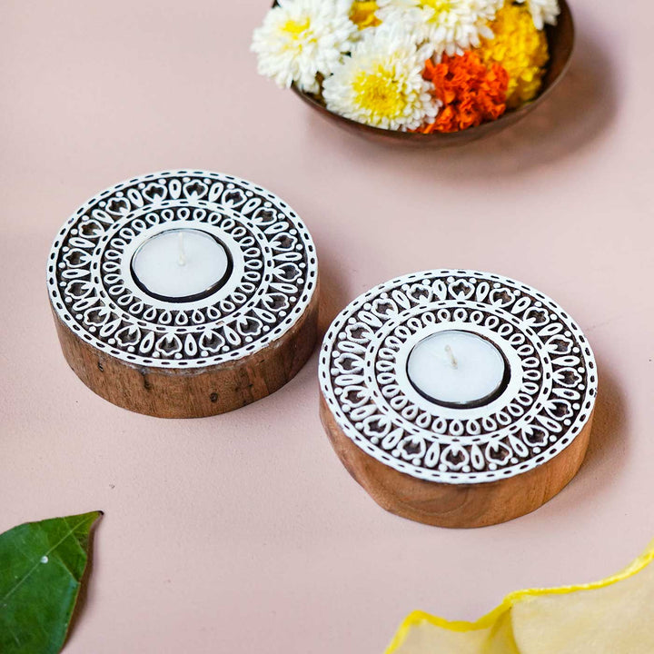 Handmade Carved Circle Wooden Block Tealight Holder | Set Of 2