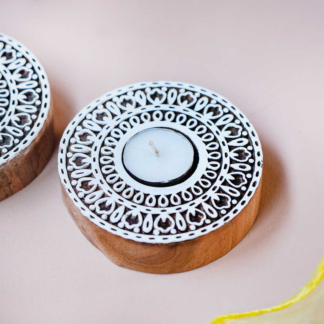 Handmade Carved Circle Wooden Block Tealight Holder | Set Of 2