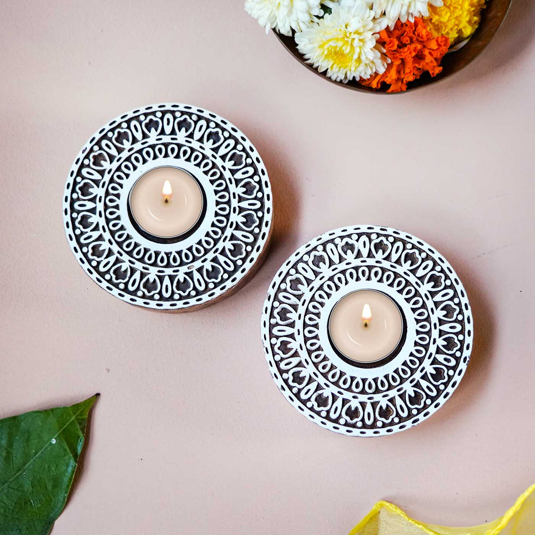 Handmade Carved Circle Wooden Block Tealight Holder | Set Of 2