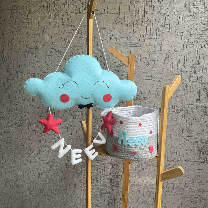 Personalized Cloud Theme Felt Kids Name Plate & Toy Basket