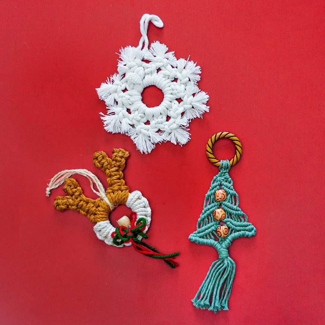 Handmade Winter Theme Macrame Ornaments For Christmas Tree Decoration | Set Of 3