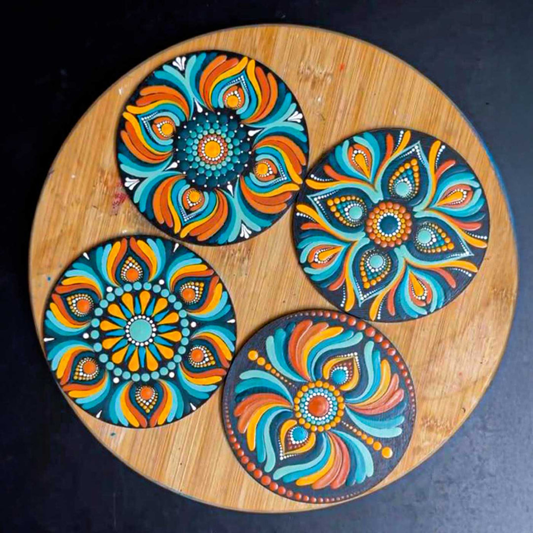 Hand-Painted Dot Mandala 4 Inch Round MDF Wood Coaster Set | Set Of 4