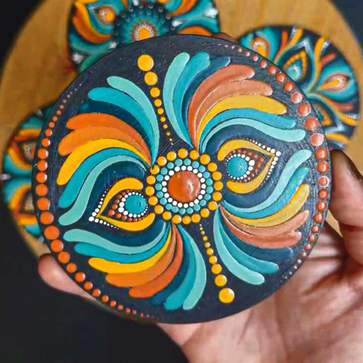 Hand-Painted Dot Mandala 4 Inch Round MDF Wood Coaster Set | Set Of 4