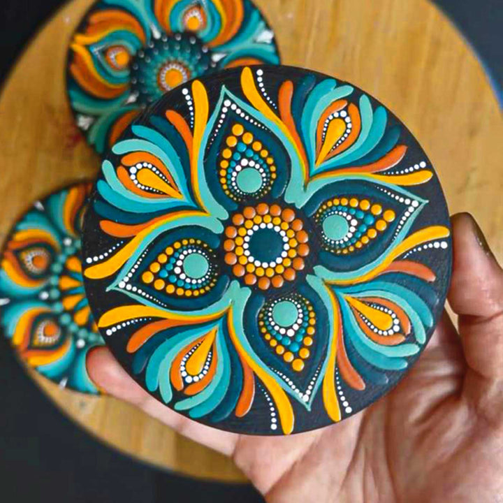 Hand-Painted Dot Mandala 4 Inch Round MDF Wood Coaster Set | Set Of 4