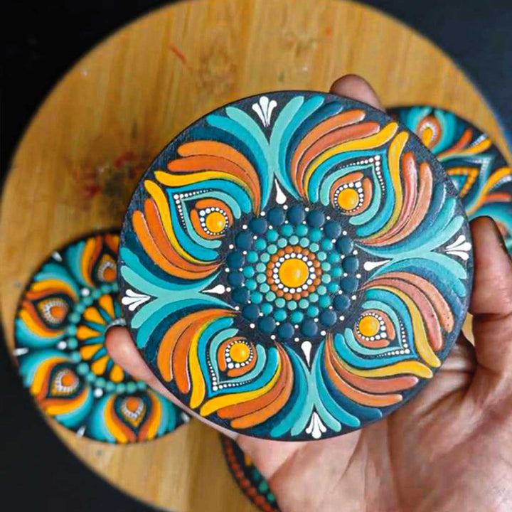 Hand-Painted Dot Mandala 4 Inch Round MDF Wood Coaster Set | Set Of 4