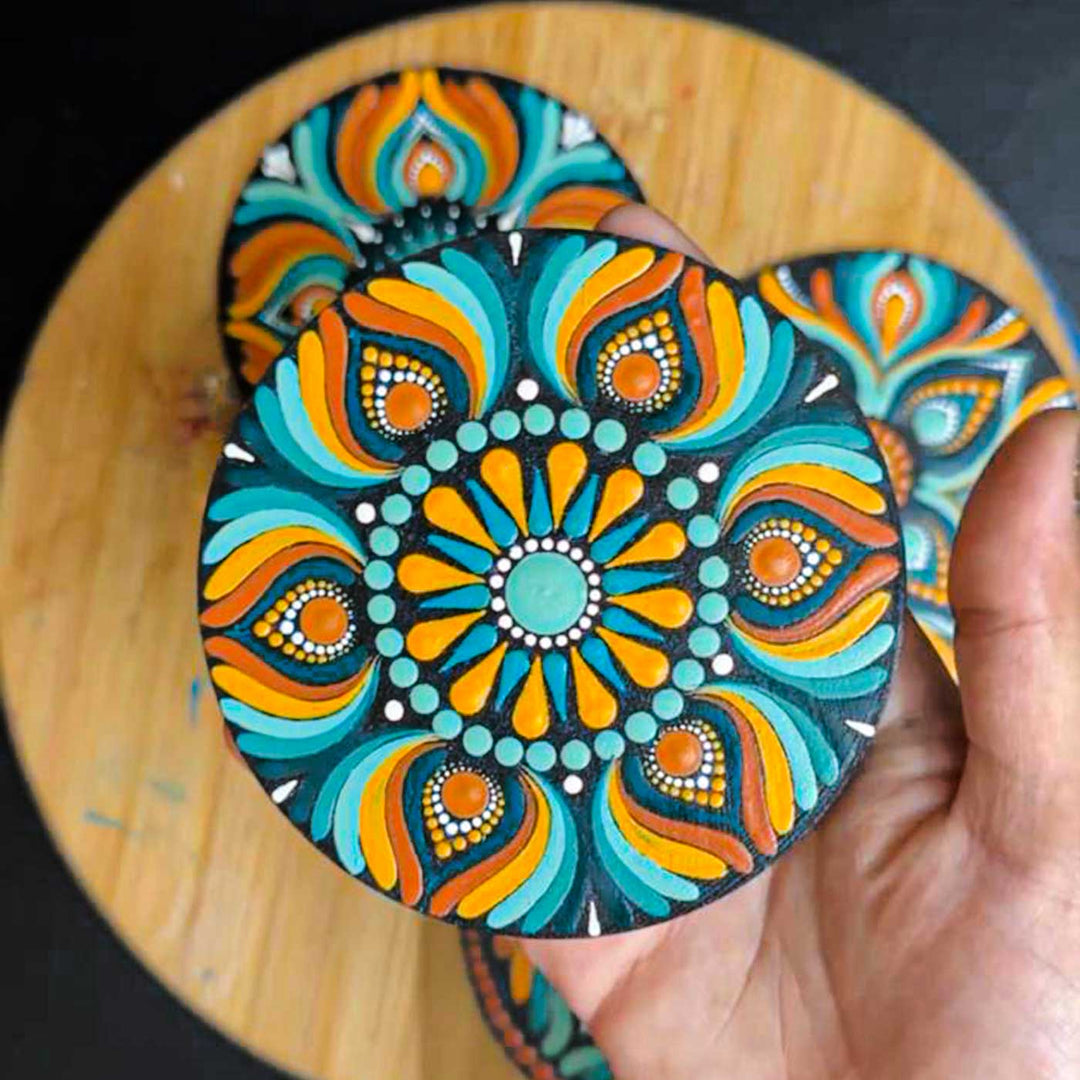 Hand-Painted Dot Mandala 4 Inch Round MDF Wood Coaster Set | Set Of 4