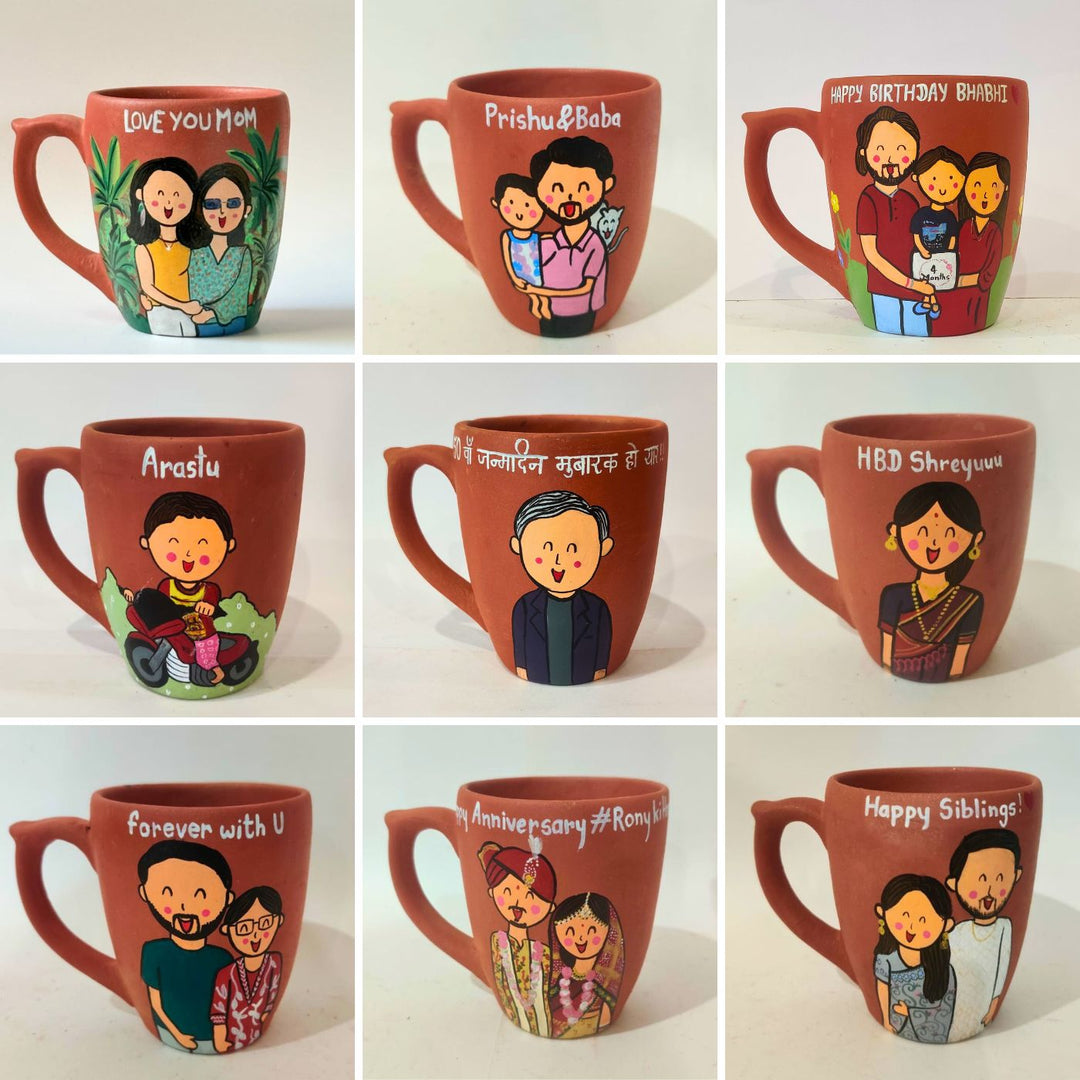 Handpainted Personalised 3D Terracotta Mug With Caricatures And Background