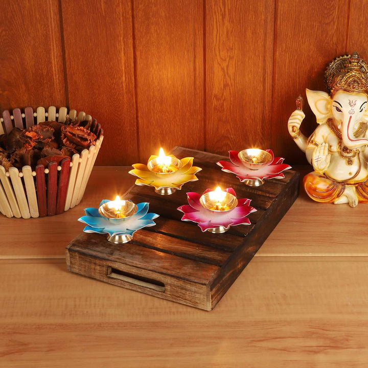 Handmade Colorful Akhand Brass Oil Lamp / Diya | Set of 4