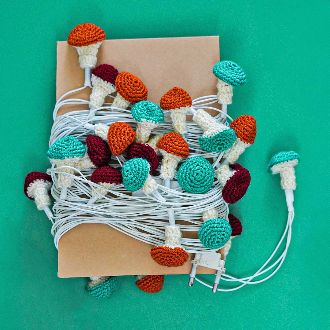 Handmade Mushroom Shaped Crochet Fairy Lights For Christmas Decoration