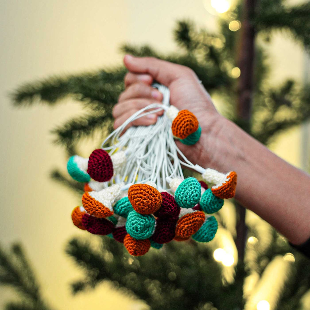 Handmade Mushroom Shaped Crochet Fairy Lights For Christmas Decoration