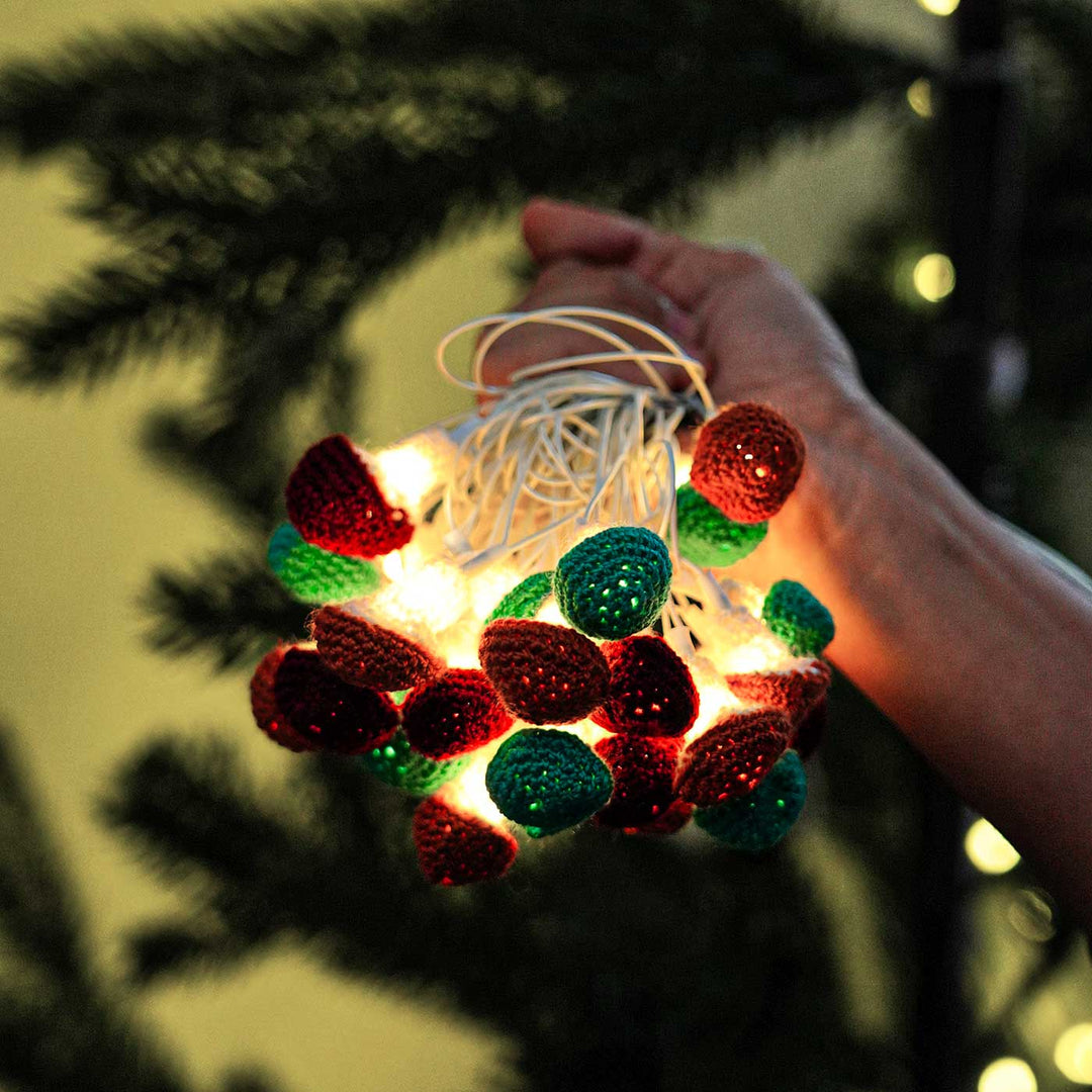 Handmade Mushroom Shaped Crochet Fairy Lights For Christmas Decoration