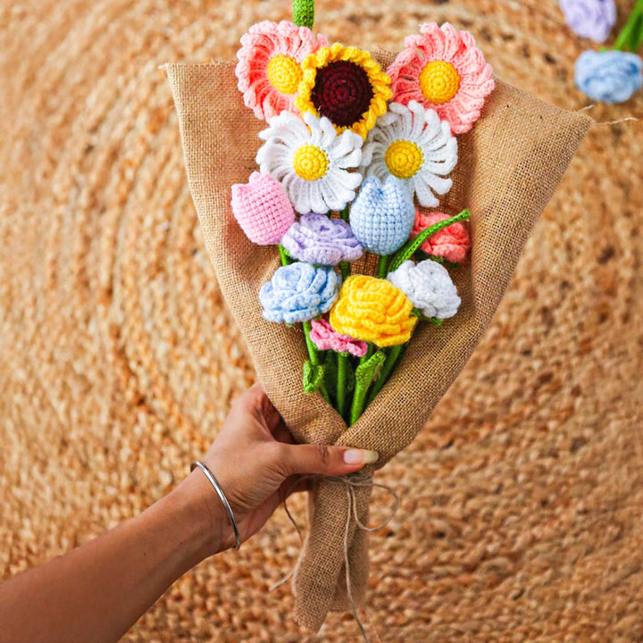 Handmade Crochet Colourful Daisies & Roses Flower Bouquet