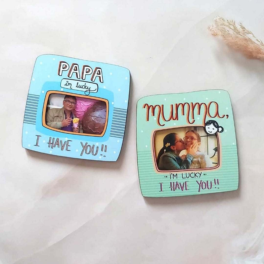 Handmade "Mumma, Papa - I'm Lucky" Wooden Fridge Magnet | Set Of 2