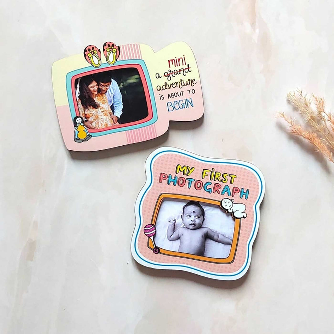 Handmade "New Adventure, My First Photograph" Wooden Fridge Magnet | Set Of 2