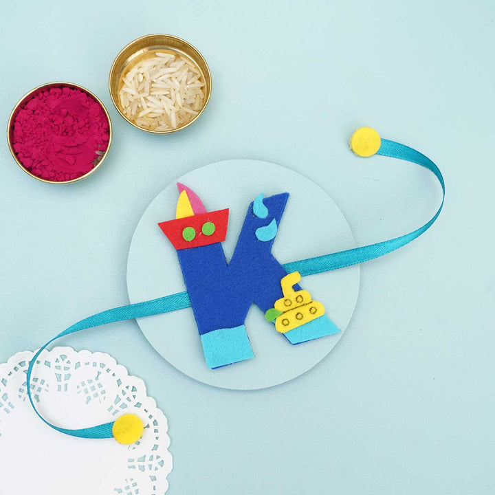 Personalised Handmade Boat Felt Rakhi with Chocolates & Roli Chawal