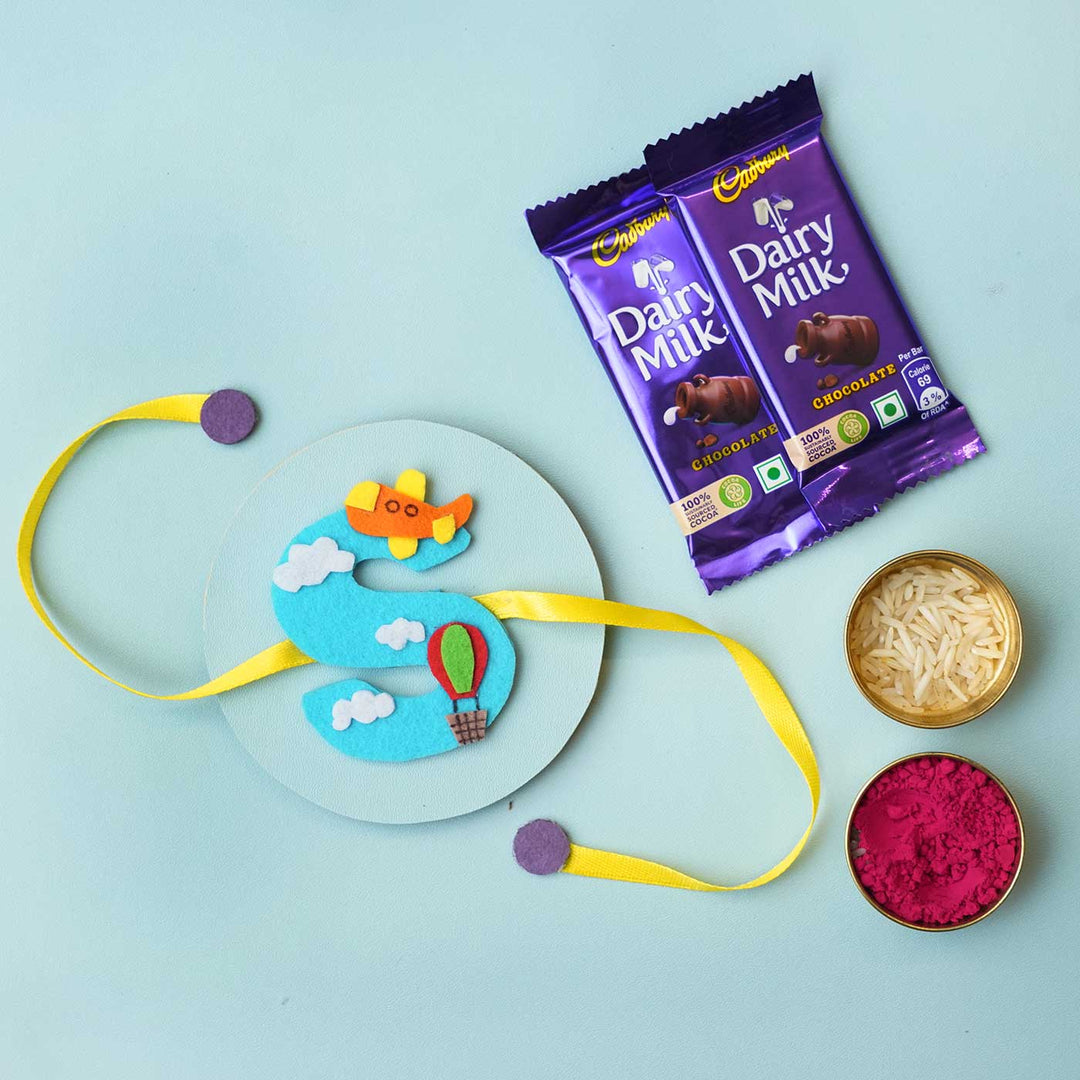 Personalised Handmade Hot Air Balloon Felt Rakhi with Chocolates & Roli Chawal