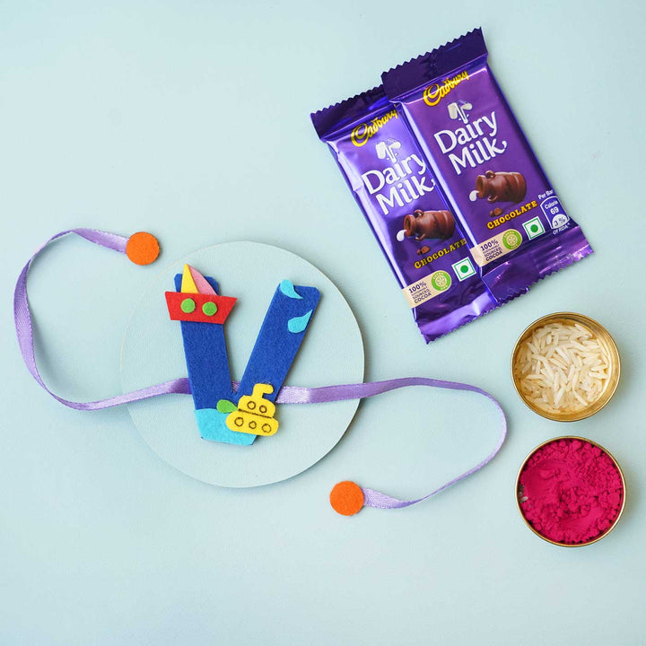 Personalised Handmade Boat Felt Rakhi with Chocolates & Roli Chawal