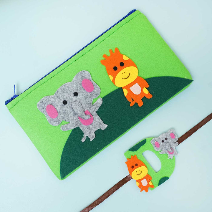 Personalised Handmade Jungle Themed Felt Rakhi & Pouch with Chocolates & Roli Chawal