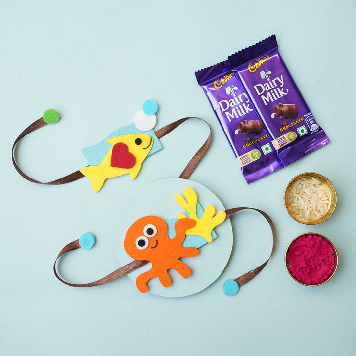 Handmade Underwater Felt Rakhi with Chocolates & Roli Chawal I Set of 2