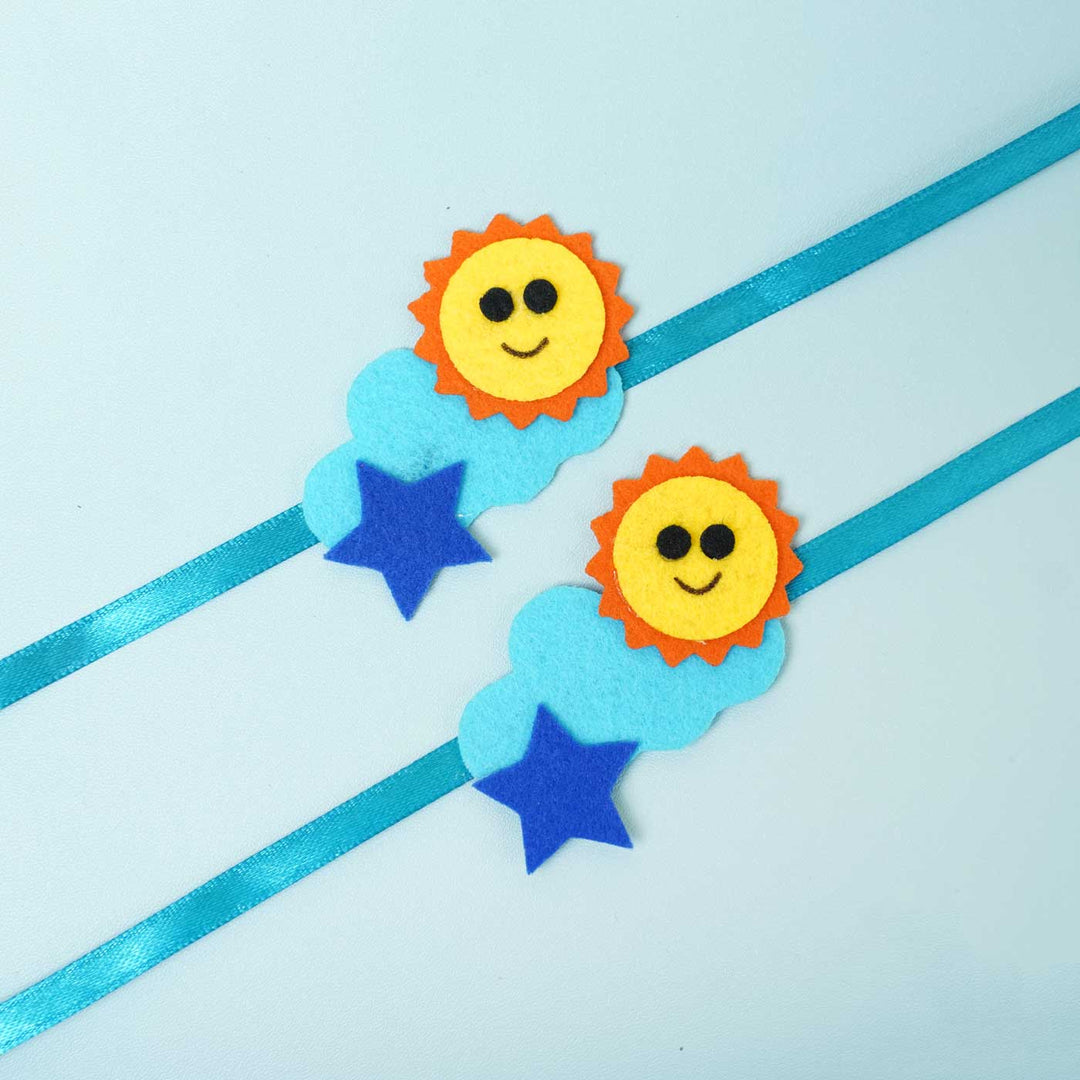 Handmade Cloud & Sun Felt Rakhi with Chocolates & Roli Chawal  I Set of 2