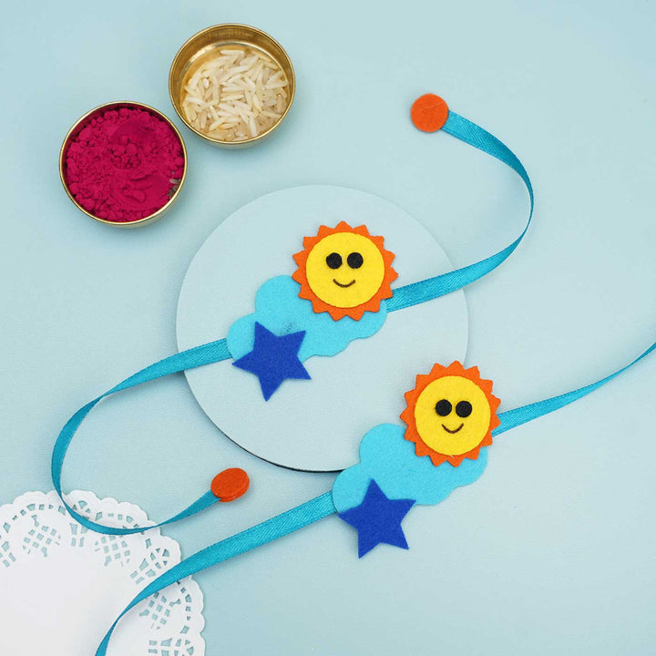 Handmade Cloud & Sun Felt Rakhi with Chocolates & Roli Chawal  I Set of 2