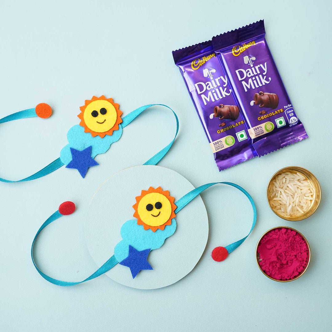 Handmade Cloud & Sun Felt Rakhi with Chocolates & Roli Chawal  I Set of 2