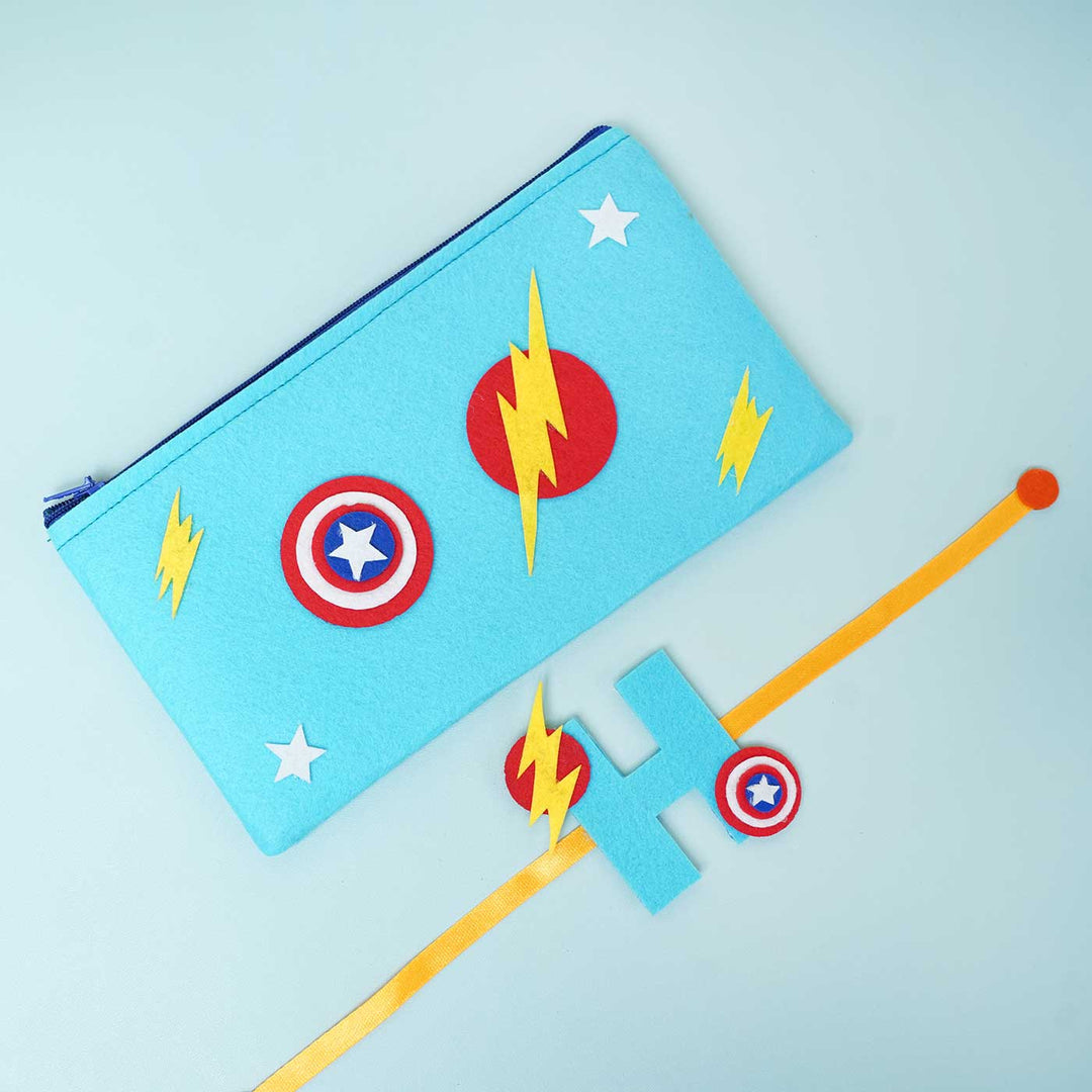 Personalised Handmade Superhero Themed Felt Rakhi & Pouch with Chocolates & Roli Chawal