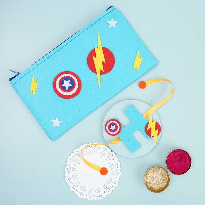 Personalised Handmade Superhero Themed Felt Rakhi & Pouch with Chocolates & Roli Chawal