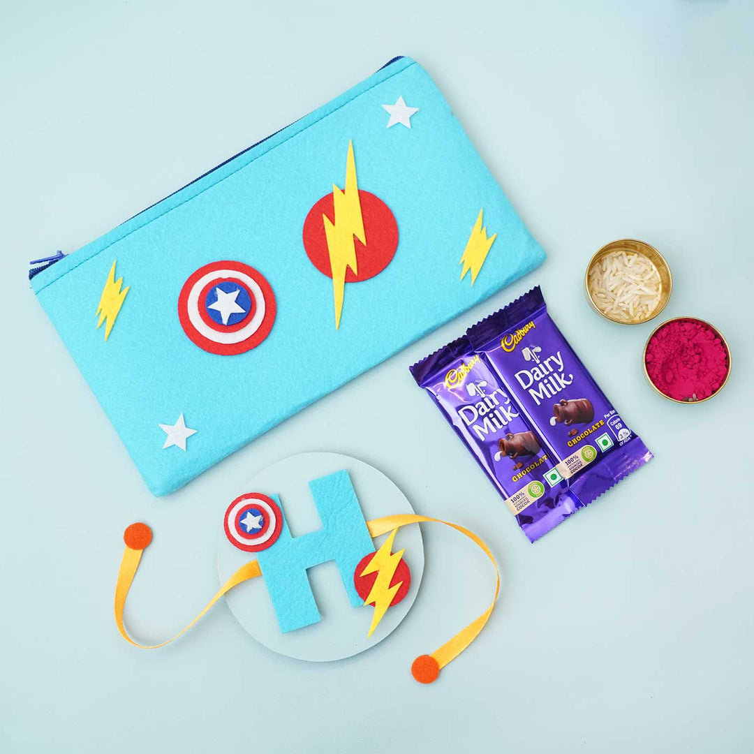 Personalised Handmade Superhero Themed Felt Rakhi & Pouch with Chocolates & Roli Chawal