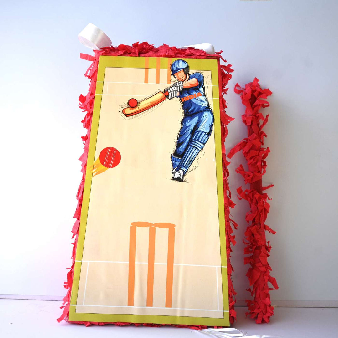 Handmade Cricket Theme Pull String Pinata With Stick For Birthday Party Decoration