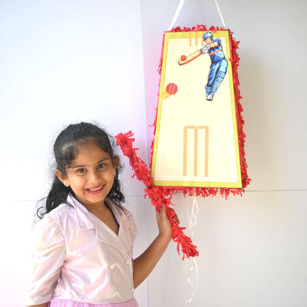 Handmade Cricket Theme Pull String Pinata With Stick For Birthday Party Decoration