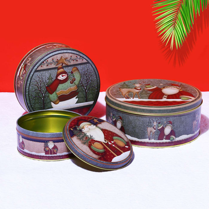 Handmade Grey Christmas Santa & Reindeer Metal Container | Set Of 3