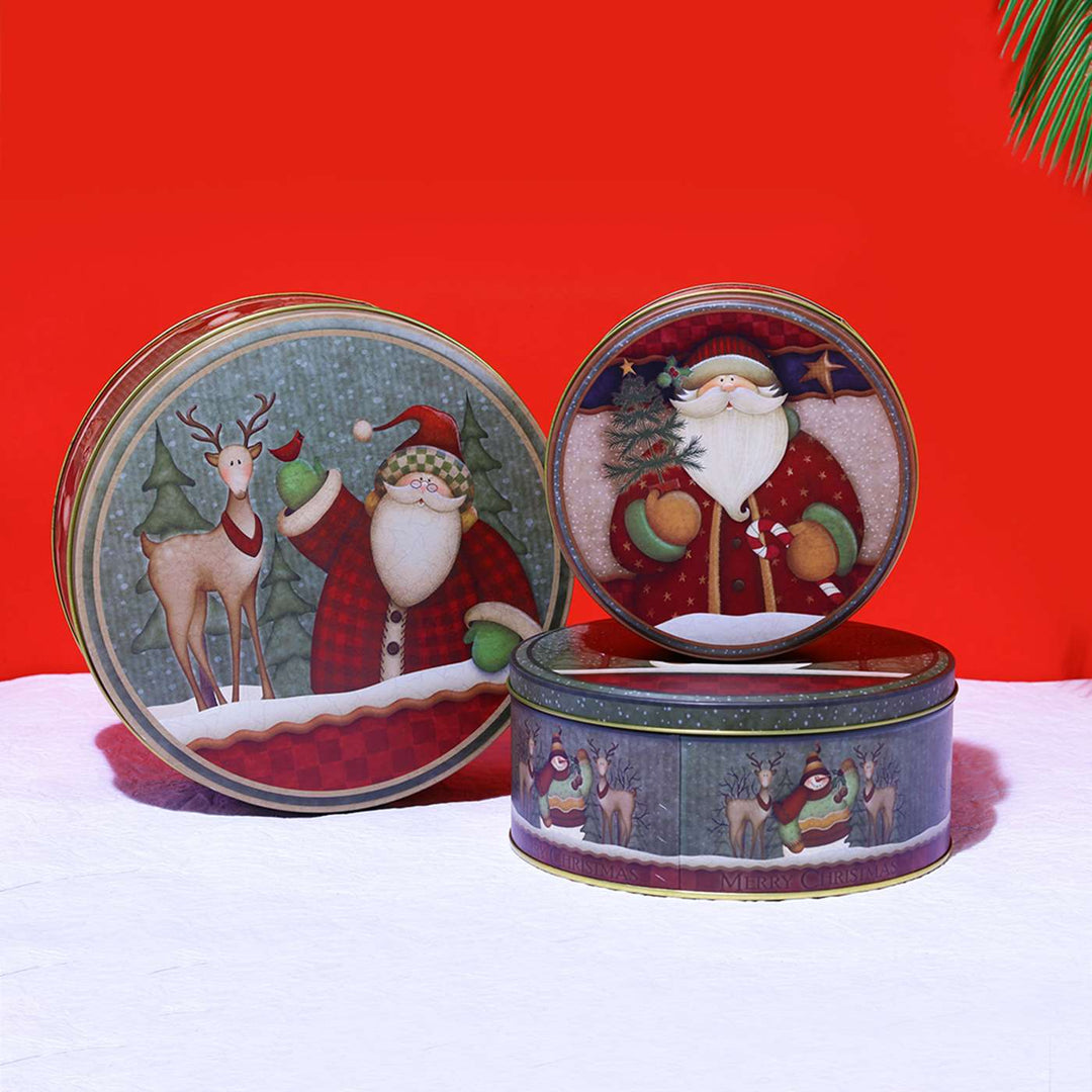 Handmade Grey Christmas Santa & Reindeer Metal Container | Set Of 3